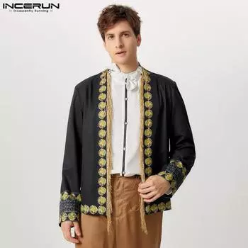 INCERUN Men Vintage Long Sleeve Print Open Front Kimonos Tassel Cardigan S чёрный