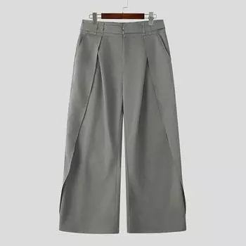 INCERUN Men Zip-up High Waist Casual Irregular Layers Wide Leg Pants with Pockets серый