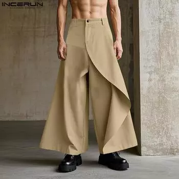 INCERUN Men Zip-up High Waist Layers Casual Irregular Long Pants Trousers M чёрный