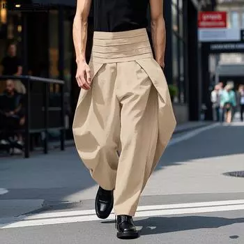 INCERUN Men Zip-up High Waist Layers Long Casual Trousers Pants S хаки