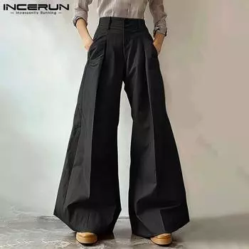 INCERUN Men Zip-up High Waist Solid Color Pockets Casual Loose Long Trousers 3XL