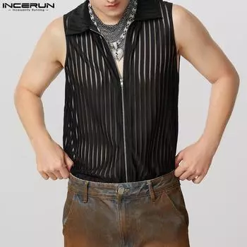 INCERUN Men Zip-up Sleeveless Mesh Sheer Striped See Through Tank Tops S
