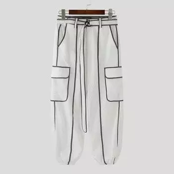 INCERUN Men Zip-up Waist Belt Casual Stitching Thin Harem Pants with Pockets S темно-серого