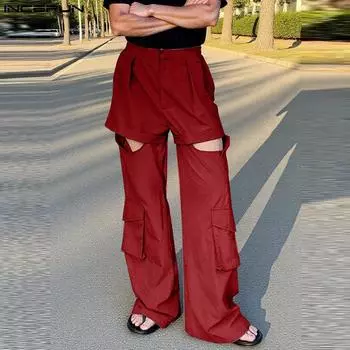 INCERUN Men Zip-Up Waist Cutout Solid Color Long Pants Cargo Trousers M серый