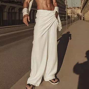 INCERUN Men Zip-up Waist Irregular Wrap Long Wide Leg Pants Trousers 2XL чёрный