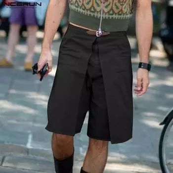 INCERUN Men Zipper Button Waist Layers Casual Half Wide Leg Short Pants Shorts S чёрный