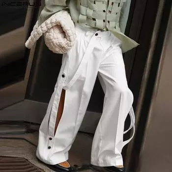 INCERUN мужские повседневные длинные широкие брюки на молнии с пуговицей на талии и рваным подолом S синий