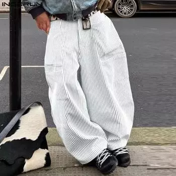 INCERUN Men Zipper Button Waist Striped Casual Long Baggy Pants with Pockets S белый