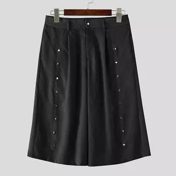 INCERUN Men Zipper Casual Loose Striped Wide Leg Capri Pants Shorts S