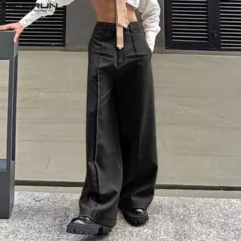 INCERUN Men Zipper High Waist Solid Casual Long Straight Trousers Pockets S чёрный