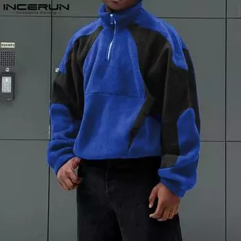 INCERUN Men Zipper Mockneck Long Sleeve Stitching Fleece Jackets Short Coats M фиолетовый