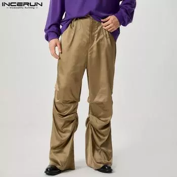 INCERUN Men Zipper Satin Pants Casual Ruffled Long Straight Trousers 4XL чёрный
