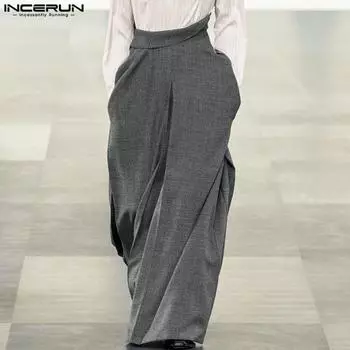 INCERUN Men Zipper Up Asymmetry Waist Casual Long Wide Legs Pants Trousers XL чёрный