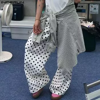 INCERUN Мужские длинные прямые брюки с застежкой-молнией и высокой талией в горошек, повседневные длинные брюки XL чёрный