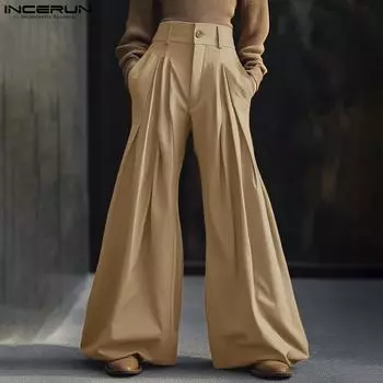 INCERUN Men Zipper Up High Waist Solid Color Wide Legs Pants Long Trousers L фиолетовый