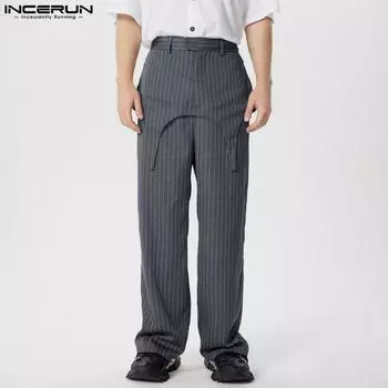 INCERUN Мужские брюки-карандаш с застежкой-молнией и неровным подолом в полоску, повседневные деловые брюки-карандаш L чёрный