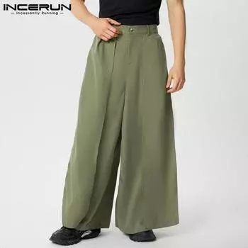 INCERUN Men Zipper Up Layers High Waist Pants Casual Solid Wide Leg Trousers S чёрный