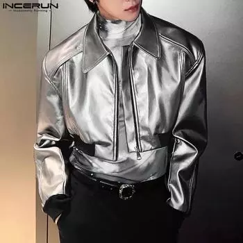 INCERUN Men Zipper Up Long Sleeve Glitter Smooth Jackets Short Coats S серебряный