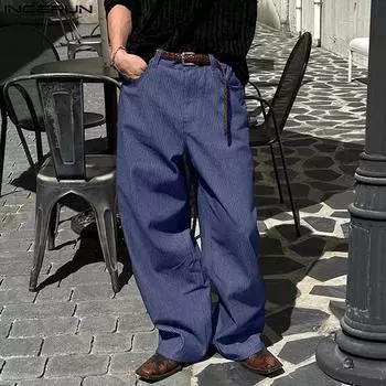 INCERUN Men Zipper Up Striped Printing Casual Long Straight Pants Pockets Trousers L синий