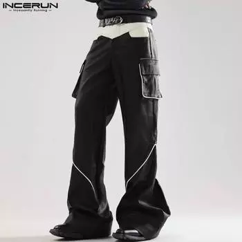 INCERUN Men Zipper Up Waist Wide Leg Pants Stitching Long Trousers With Pockets 3XL чёрный