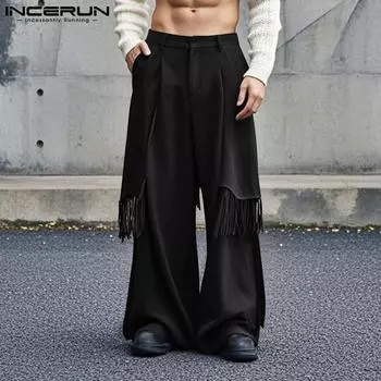 INCERUN Men Zipper Waist Casual Tassel Patchwork Long Trousers Pants S чёрный