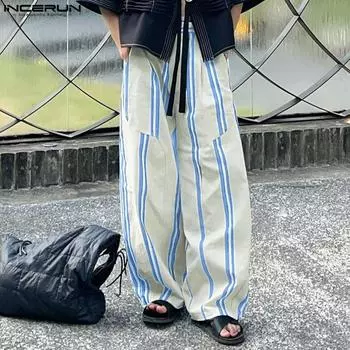 INCERUN Men Zipper Waist Striped Print Casual Loose Long Wide Legs Pants Trousers S коричневый