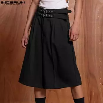 INCERUN Men Zipper Wiats Solid Casual Loose Cropped Shorts Capri Pants M чёрный