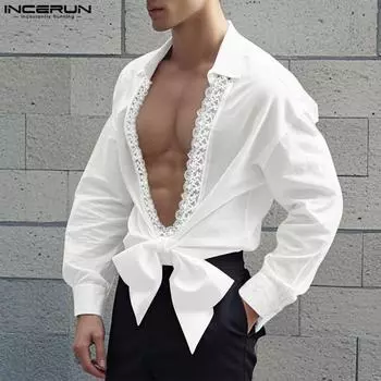 INCERUN Mens Deep V Neck Lace Hem Long Sleeve Irregular Bow Knot Loose Shirts Tops 4XL чёрный