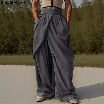 INCERUN Mens Elastic Waist Front Cross Layers Casual Loose Wide Legs Pants Long Trousers S чёрный