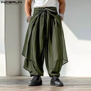 INCERUN Mens Elastic Waist Lace-up Layers Ruffled Striped Mesh Sheer Harem Pants S чёрный
