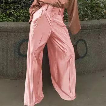 INCERUN Mens High Waist Wide Leg Long Pants Solid Casual Loose Maxi Trousers