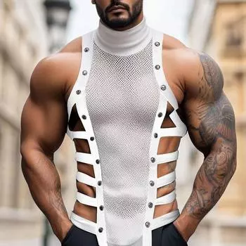 INCERUN Mens Mockneck Sleeveless Hollow Mesh Bandage Tank Tops S