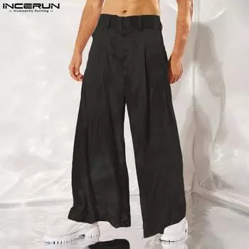 INCERUN Mens Silk Satin Wide Leg Long Pants Loose High Waist Trousers