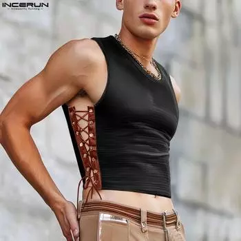 INCERUN Mens Sleeveless Side Bandage Mesh Sheer Cropped Tank Tops Partywear Clubwear 4XL