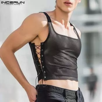 INCERUN Mens Sleeveless Side Lace-up Mesh Sheer Cropped Tank Tops Clubwear S