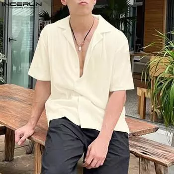 INCERUN Mens Summer Lapel Neck Short Sleeve Striped Texture Casual Shirts M чёрный