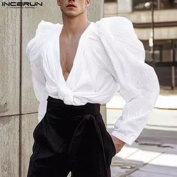 INCERUN Mens V Neck Long Puff Sleeve Texture Twisted Party Club Short Tops Shirts 4XL чёрный
