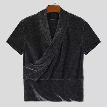 INCERUN Mens V Neck Short Sleeve Semi-Sheer Front Cross Glitter Casual Crop T-shirts M