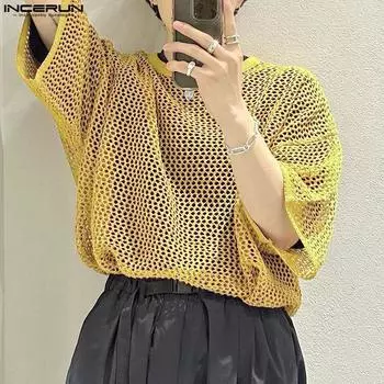 INCERUN Mesh Мужская повседневная свободная футболка с короткими рукавами