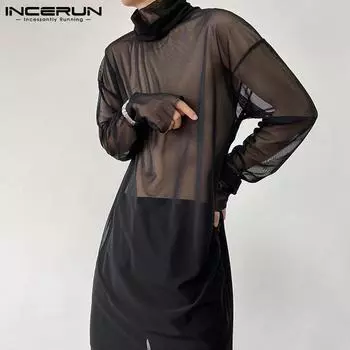 INCERUN модные мужские сетчатые прозрачные рубашки с высоким воротом и длинными рукавами, облегающие длинные рубашки для вечеринок и клубов, топы XL чёрный