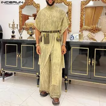 INCERUN Мусульманская мода, комплект из рубашки и брюк нестандартной формы, мужские костюмы из двух предметов с этническим принтом