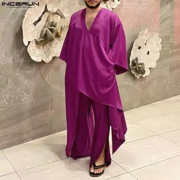 INCERUN Мусульманский костюм из двух предметов с V-образным вырезом и длинными брюками, исламские мужские костюмы