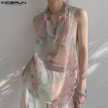 INCERUN Мужские Женские Прозрачные Топы С Цветочным Принтом Кружева Сетчатый Свободный Жилет M розовый