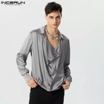 INCERUN Мужская атласная блестящая рубашка с длинным рукавом с откидным воротником