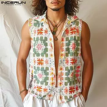INCERUN Мужская безрукавка с цветочным принтом Повседневная майка на пуговицах 2XL зелёный