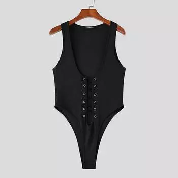 INCERUN Мужская безрукавка с глубоким U-образным вырезом, бандажная, облегающая, майка, комбинезоны, ромперы 3XL чёрный