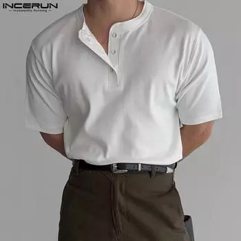 INCERUN Мужская футболка с коротким рукавом Henley, летние повседневные топы с круглым вырезом S белый
