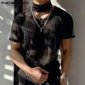 INCERUN Мужская футболка с коротким рукавом и вырезом-халтер, летние сетчатые прозрачные топы S чёрный