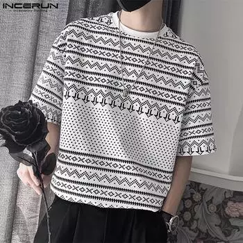 INCERUN Мужская футболка с круглым вырезом и коротким рукавом в полоску с цветочным принтом, повседневные топы XL чёрный