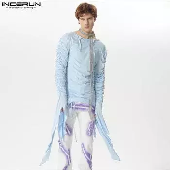INCERUN Мужская клубная одежда с длинными рукавами и рюшами для фитнеса и вечеринок, нерегулярные топы 4XL синий